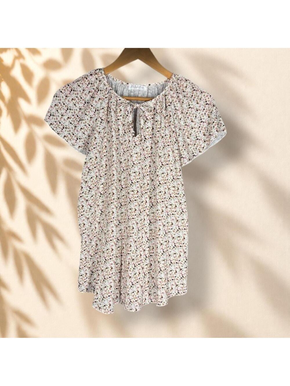 SimpleFun Blouse Women L Large White Floral Short Sleeve Round Neck Casual